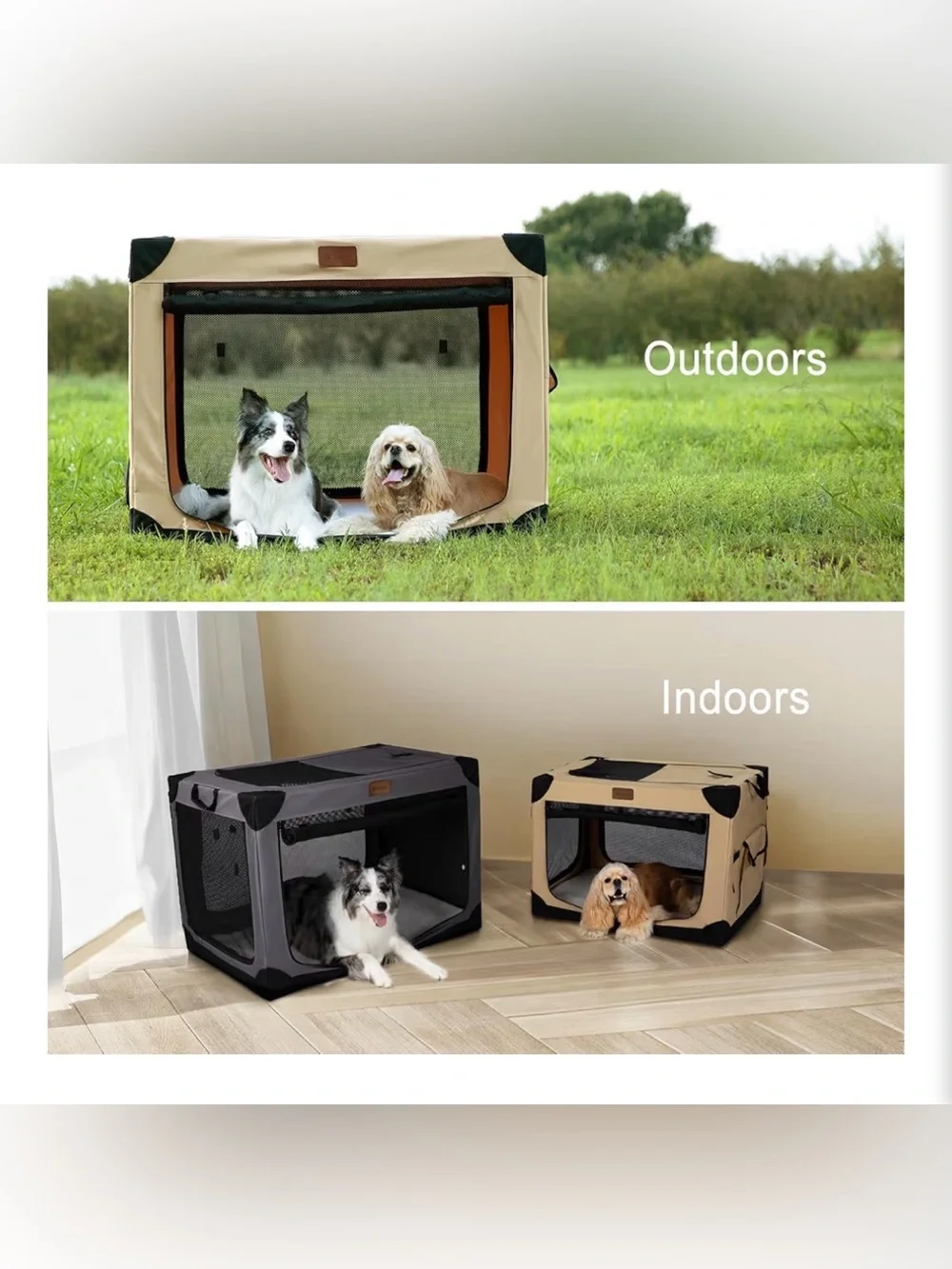 Garnpet Soft Dog Crate for Large Dogs, 4-Door Foldable Khaki
